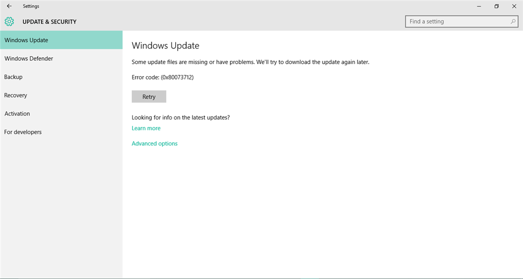 Fix error 0x80073712 on Windows 10