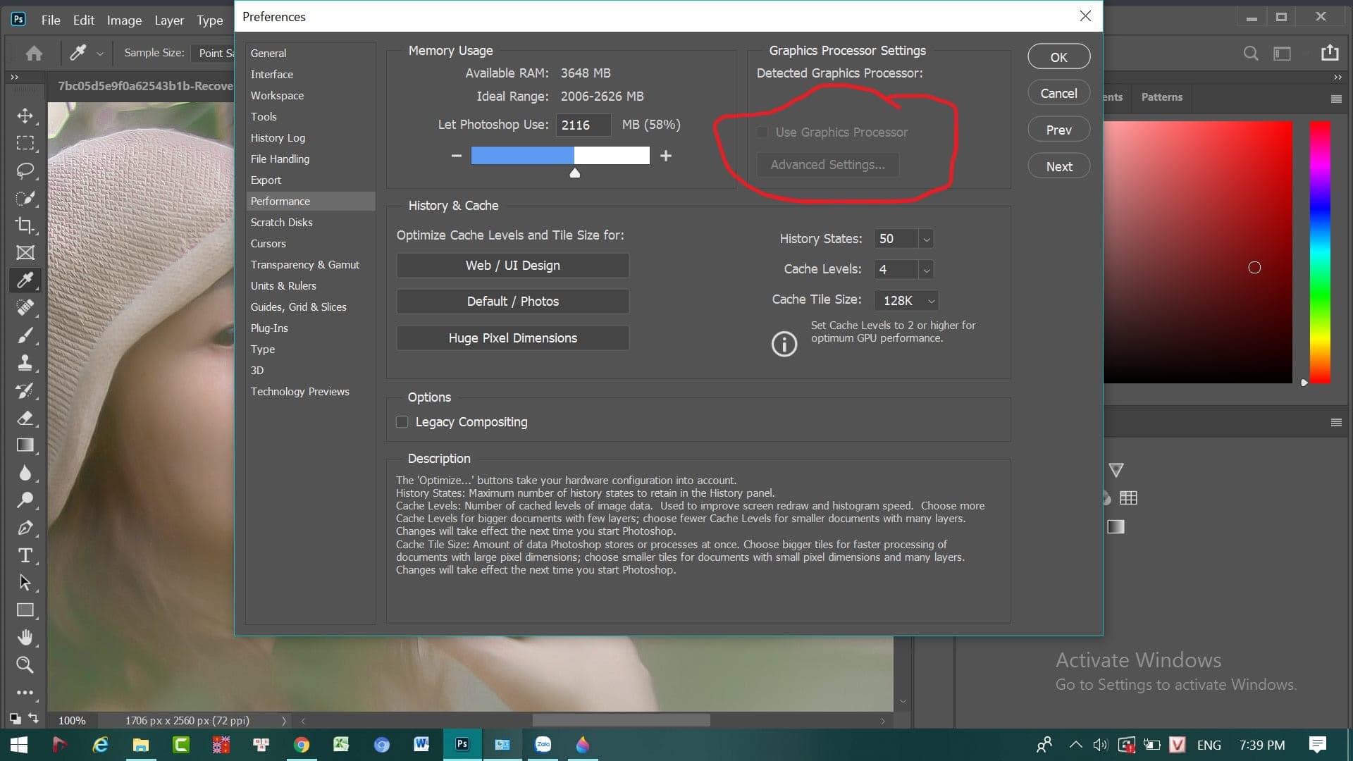 How to enable graphics processor in photoshop?