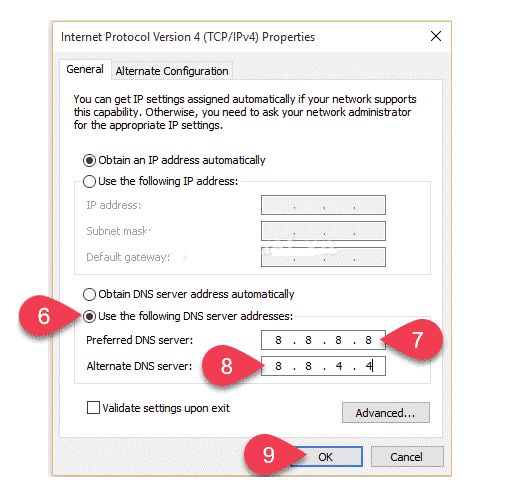 Change DNS server addresses to Google DNS addresses 8.8.8.8 and 8.8.4.4