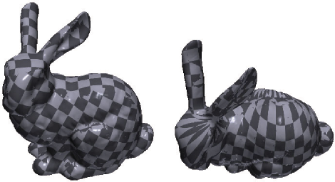 Reparameterized texture using Low Distortion (left) and Fewer Seams (right)
