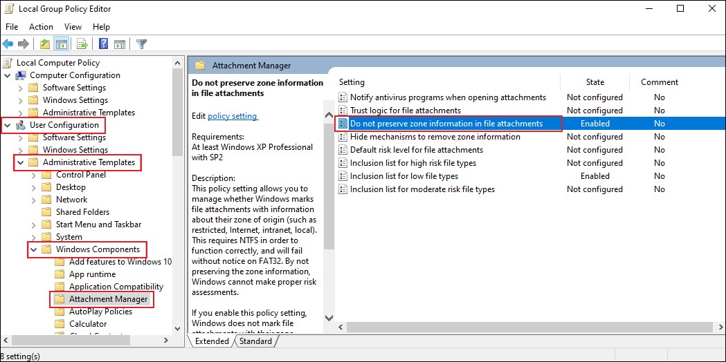 The Local Group Policy Editor window displaying the content in the Attachement Manager folder.