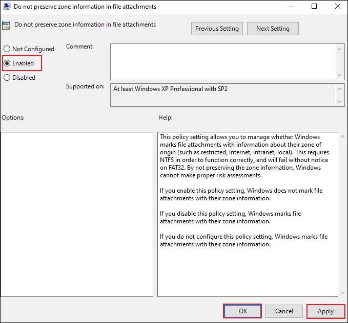 The Do not preserve zone information in file attachements window displaying the Enabled option.