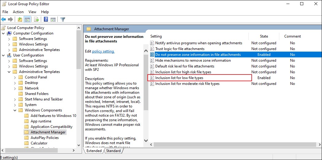 The Local Group Policy Editor window displaying the content in the Attachement Manager folder.