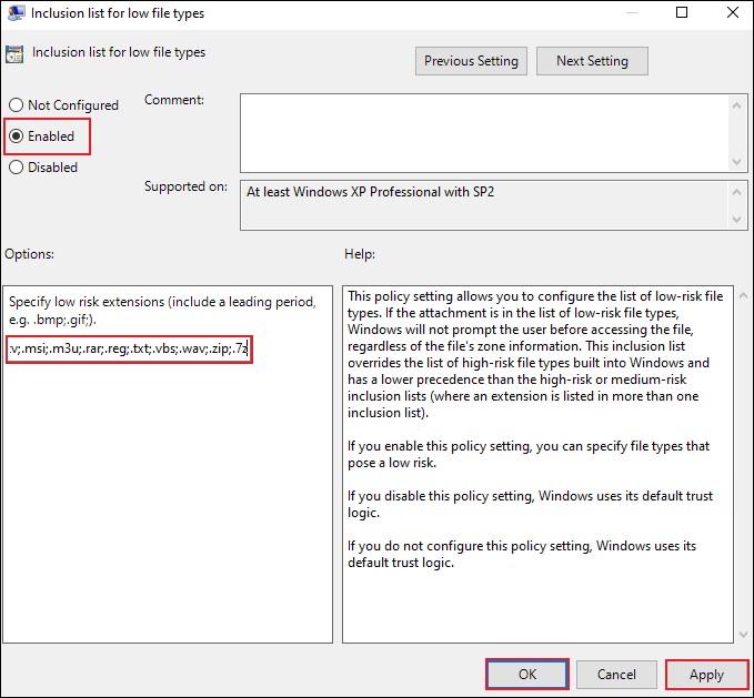 The Inclusion list for low file types window displaying the Enabled option.