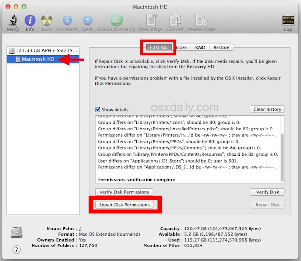 click Repair Disk Permissions