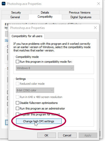 click on the Change high DPI settings section