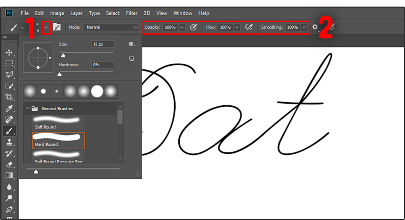 Adjust the brush's size, opacity, flow, and smoothing