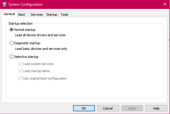Change startup selection from selective startup to normal startup 