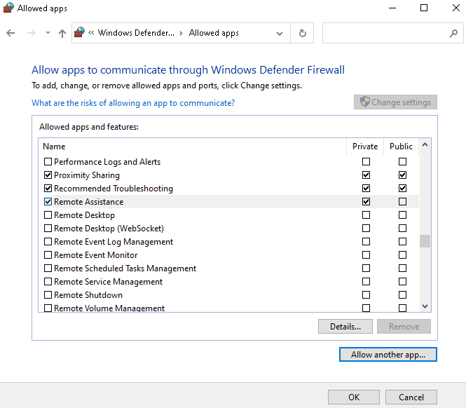 Enable Remote Desktop / Assistant in Firewall