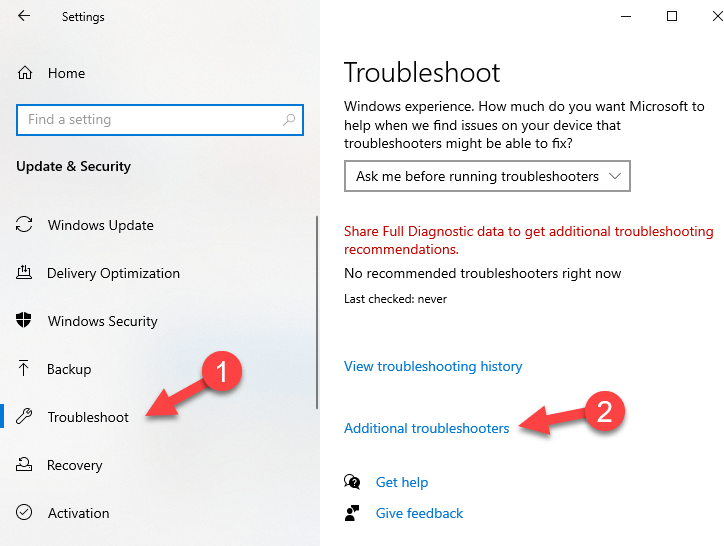 click Additional troubleshooters