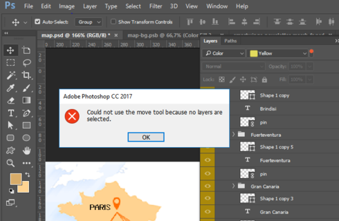 Could not use the move tool because no layers are selected
