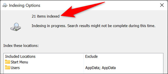 “Indexing Options” window 