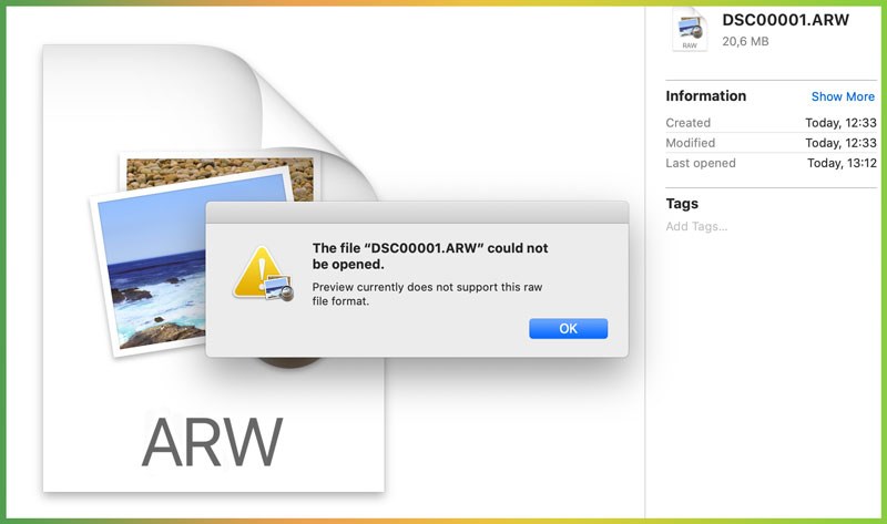 The software in use does not support the ARW . format
