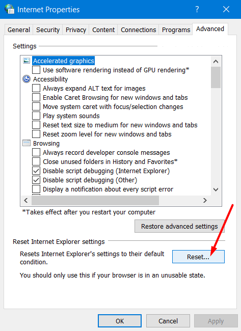 Reset Internet Explorer settings