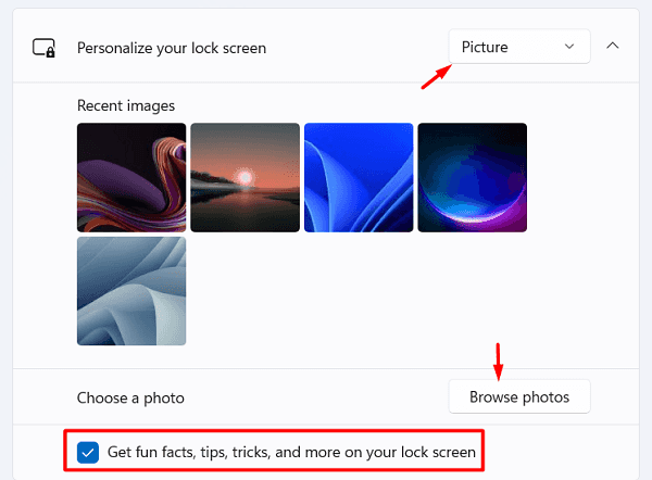 Select photo as default Windows 11 lock screen