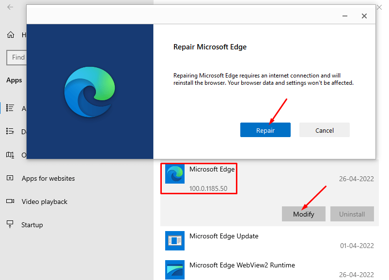 Fix Microsoft Edge through Settings