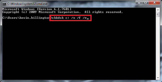 type chkdsk /f /r /x