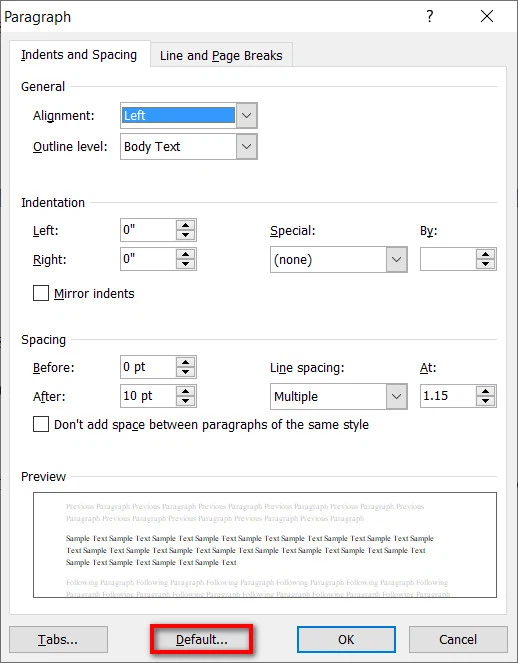 How to adjust line spacing in Word for the entire text