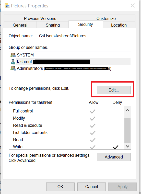 Open the Security Tab and click Edit