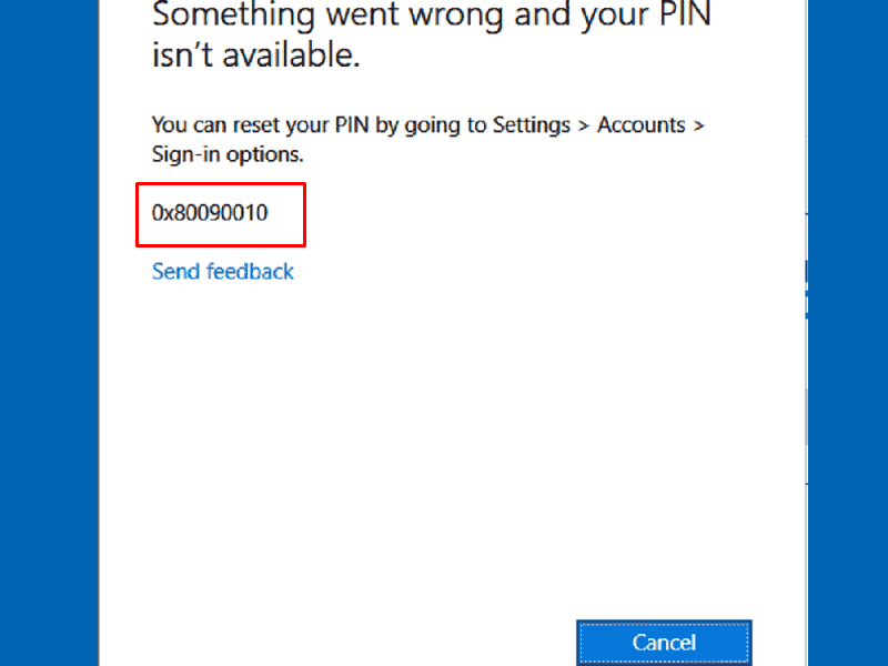 Windows Hello PIN Something went wrong Status 0x80090011