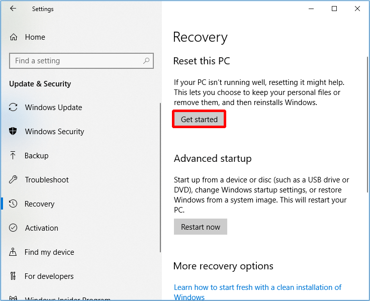 click Get Started to reset your PC