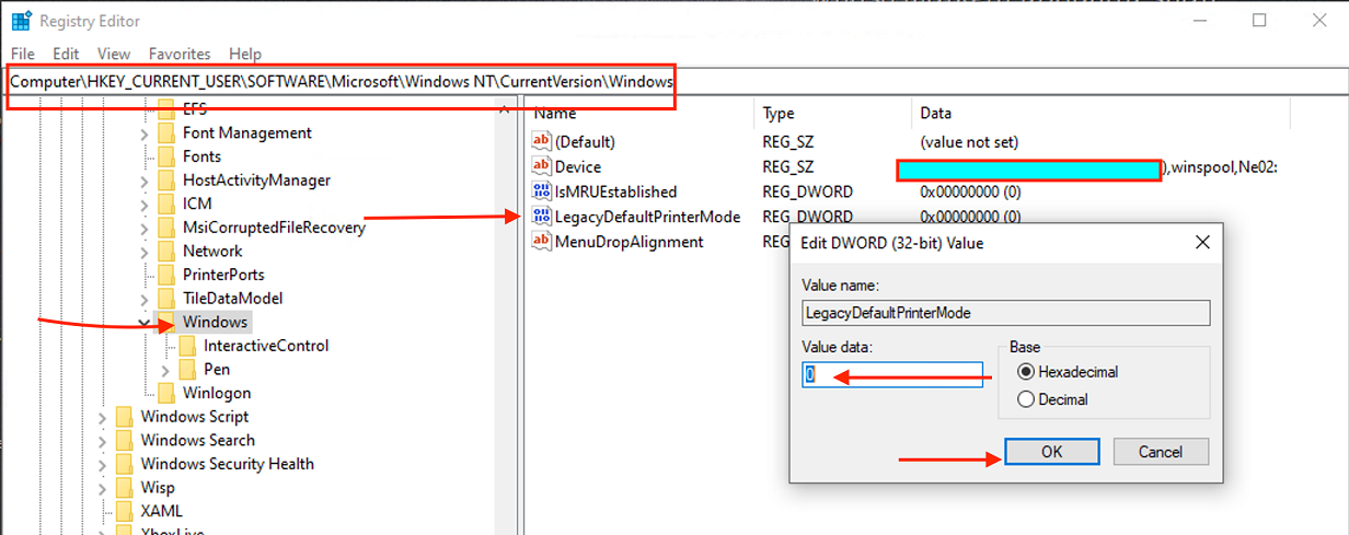 Change the value of LegacyDefaultPrinterMode