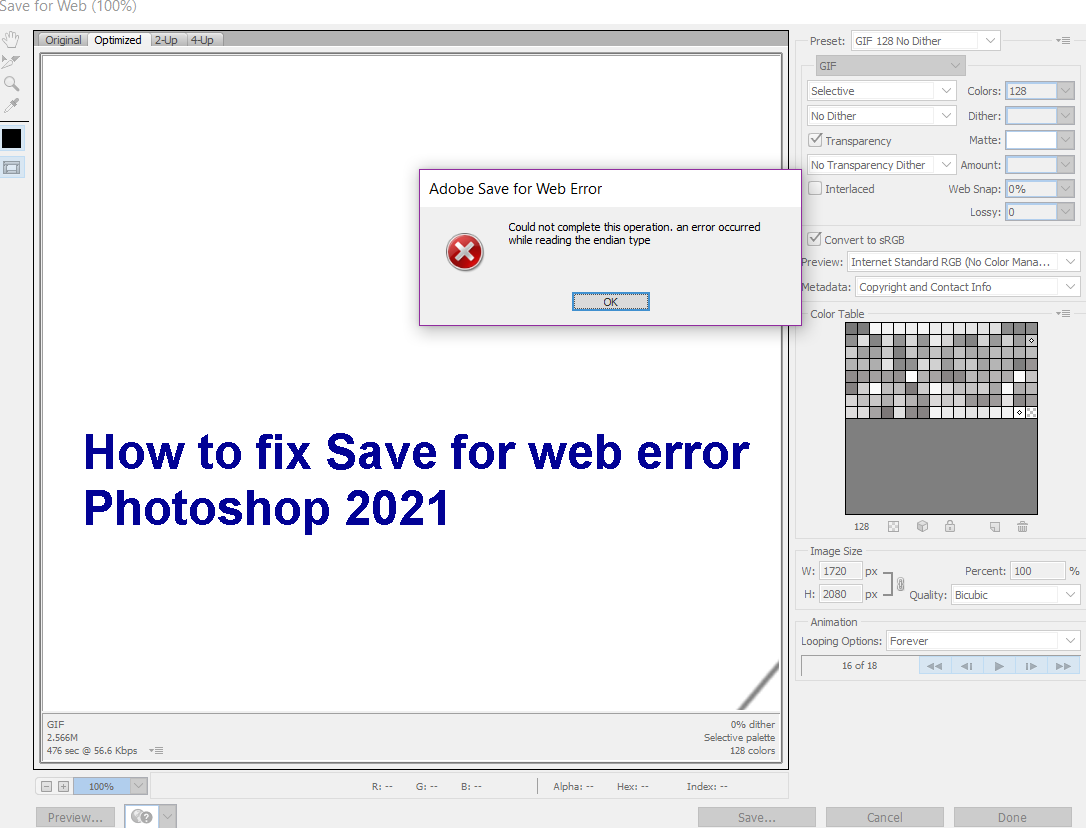 How to fix Save for web error Photoshop 2021
