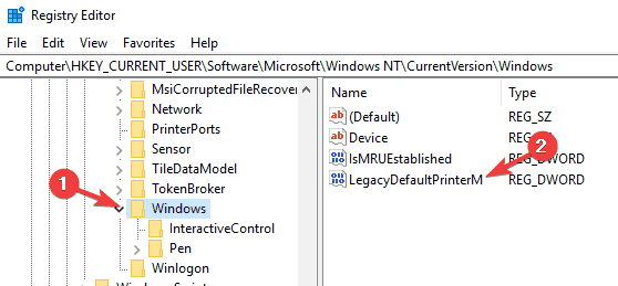 registry that prevents windows as the default printer