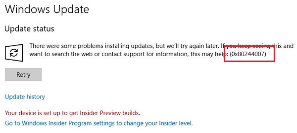 Windows 10 Update error 0x80244007