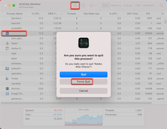 Force Quit Adobe After Effects app