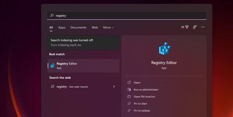 Open Registry Editor from Windows 11 search box