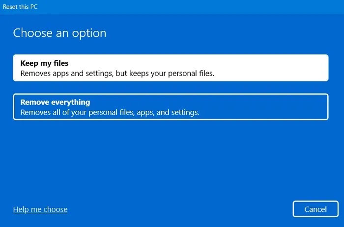 "Keep my files" option to reset PC