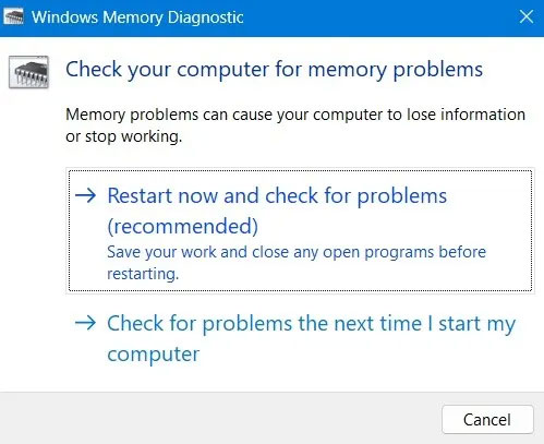Restart option in Windows Memory Diagnostic pop-up window
