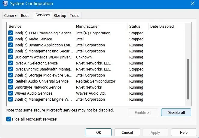 System Configuration window after reboot