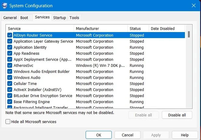 The Services tab in the System Configuration window