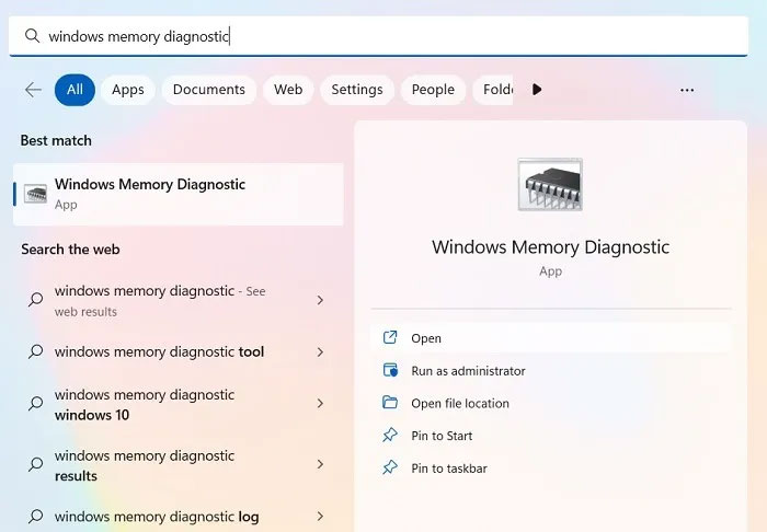 The Windows Memory Diagnostic utility is displayed in the Search menu